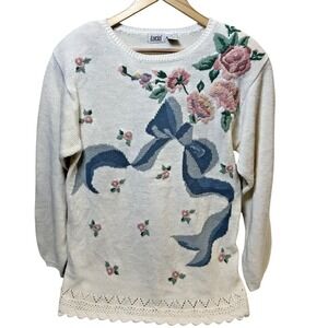 VTG Knit Sweater Floral Embroidery Crochet Hem Lucia Women's‎ Medium Pastel